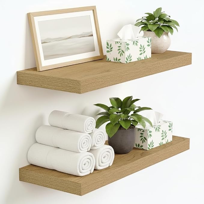 Vivelove 16 Inch Floating Shelves for Wall, 16x9 Display Shelves for Bathroom Living Room Kitchen Bedroom Office Farmhouse Home Decor - Set of 2, Oak