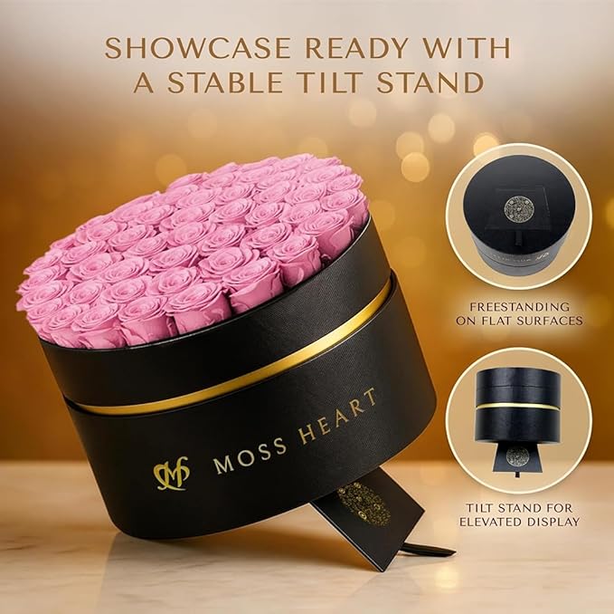 50 Petite Preserved Roses, Designer Round Box, Real Forever Roses Last 1+ Year, Premium Gift for Women, Wife, Girlfriend, Mother’s Day, Birthday, Anniversary, Valentine’s Day