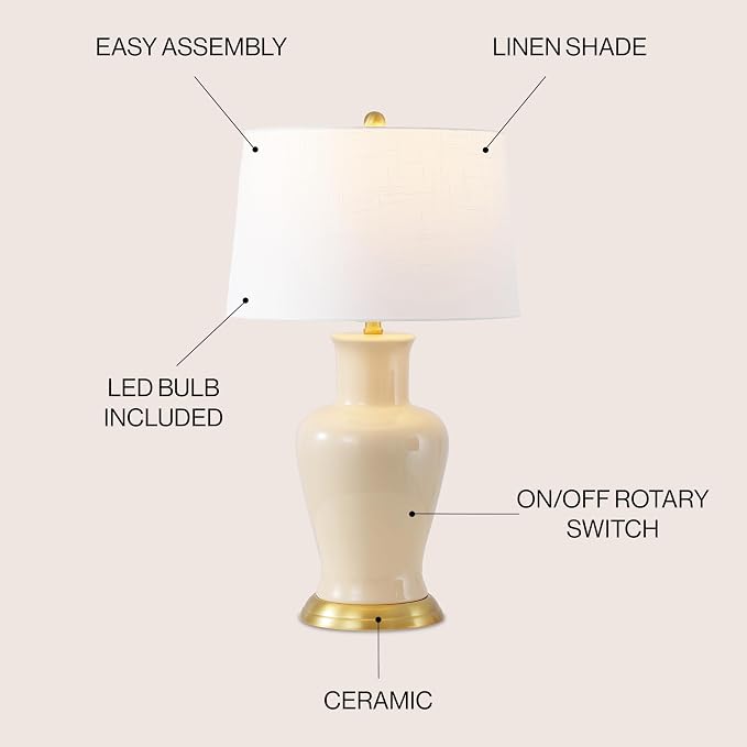 JONATHAN Y 29" Almond Traditional Ceramic Urn LED Table Lamp for Bedroom Decor, White Linen Drum Shade, Classic Nightstand Lamp for Living Room, LED Bulb Included (JYL4026D)