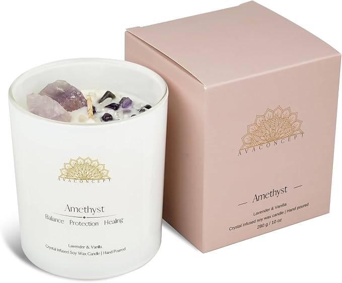 AvaConcept Amethyst Crystal Candle – 10oz / 280g | Lavender & Vanilla Aromatherapy | Hand-Poured Soy Wax | Genuine Healing Crystals Embedded | Balance, Protection & Healing | Pink Gift Box Included