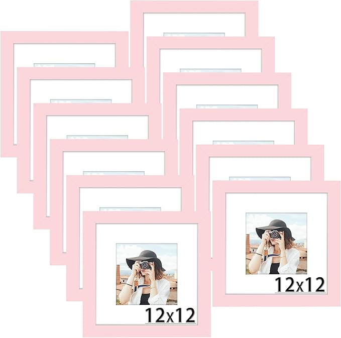 Picrit 12x12 Picture Frame Set of 12, Display 8x8 with Mat or 12 x 12 without Mat, Photo Frames for Wall Mounting Display, Pink