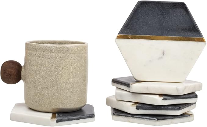 GoCraft Hexagon Marble Coasters for Drinks – Set of 6 Handcrafted Modern Coasters – White & Black Marble with Gold Brass Inlay – Luxury Drink Coasters for Beverages, Wine, Coffee, Bar Glasses