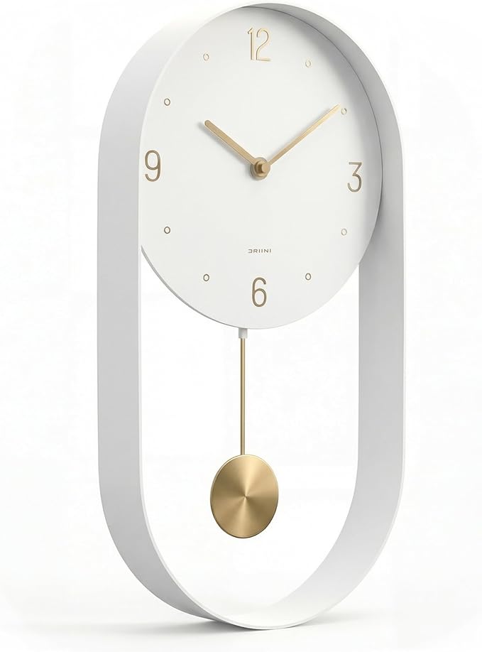 Driini Modern Pendulum Wall Clock - White and Gold Decorative Wall Clock with Pendulum - Modern Minimalist Metal Wall Clock for Living Room Décor - Silent Battery Operated Wall Clock
