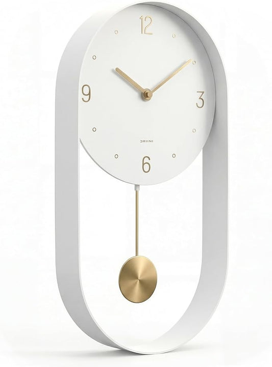 Driini Modern Pendulum Wall Clock - White and Gold Decorative Wall Clock with Pendulum - Modern Minimalist Metal Wall Clock for Living Room Décor - Silent Battery Operated Wall Clock