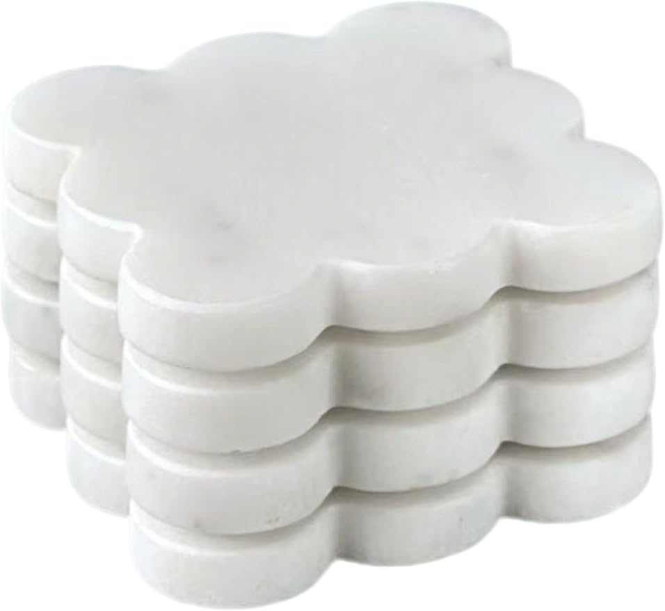 Marble Coasters Set of 4, Handcrafted Drink Protectors, Natural Stone Coaster Bar & Table Decor, Modern Desk Aesthetic Accessories, Non-Slip Luxury Gift (Marble White Square Scalloped)