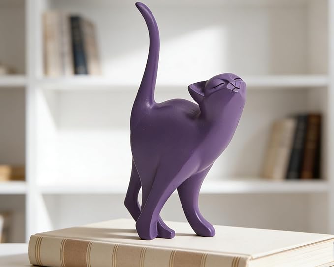 Purple Cat Statue Modern Abstract, Home Office Shelf Decor, 7-Inch Vibrant Assorted Colors, Easy to Match Any Decor Style