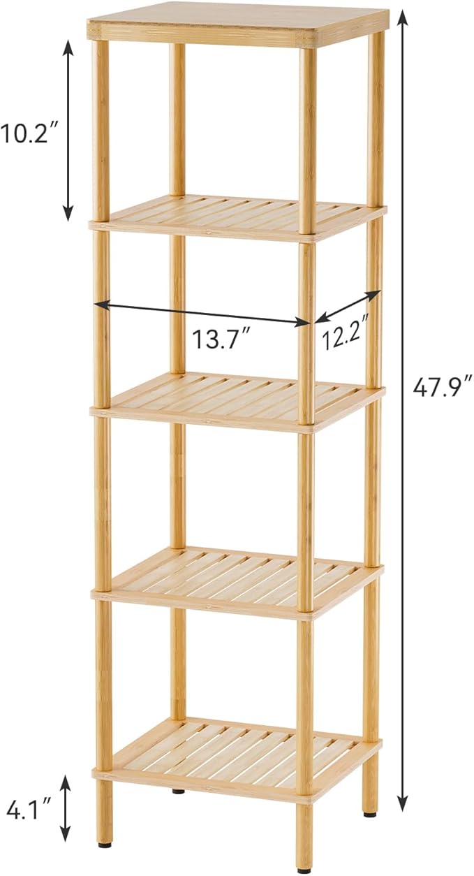 AmazerBath 5-Tier Bamboo Bathroom Shelf, Bathroom Standing Shelves, Multifunctional Shelving Unit for Living Room Bedroom Kitchen, Natural Color