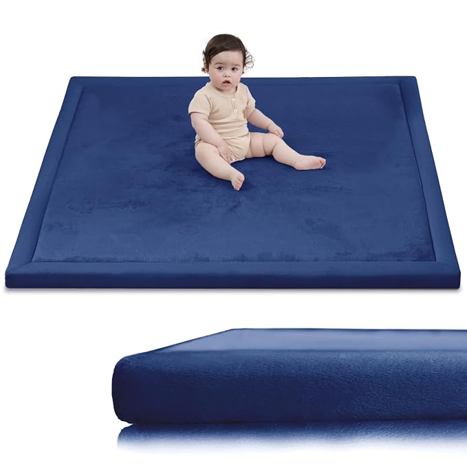 Ultra Soft Baby Play Mat for Floor, 1.3" Thick Elasti-Foam 59x59 Play Mat for Playpen,Water-Repellent Coral Velvet for Tummy Time, Non-Slip Backing,Safe for Toddlers & Infants（Dark Blue）