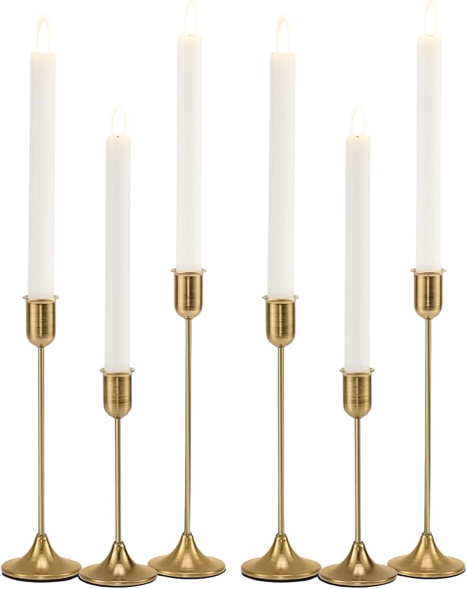 Brass Gold Candlestick Holders Set of 6, Metal Taper Candle Stick Holder | Vintage Modern Candle Holder Decor for Table Centerpiece, Fireplace Mantel Wedding Housewarming Gift, Candlelit Dinner Décor