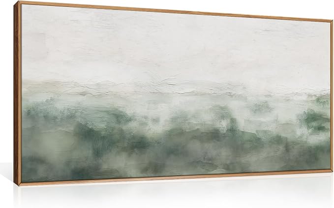 Large Abstract Grey Green Framed Canvas Wall Art,Watercolor Neutral White Wall Decor,Modern Pastel Wall Painting,Illustrations Artwork for Living Room,Bedroom,Dining Room,Office- 20"x40"x1
