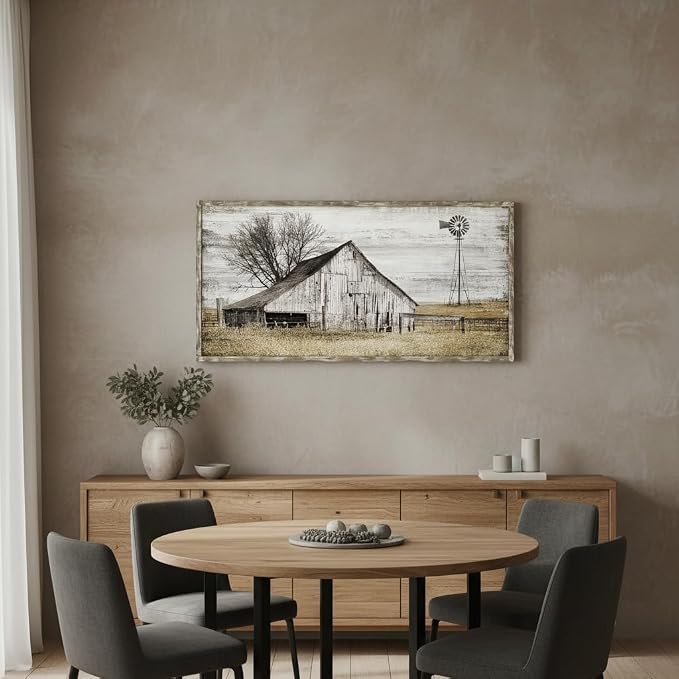 Farmhouse Framed Wall Art Picture: Rustic Barn Farm Wood Artwork Decor Large Country Landscape Windmill Print Horizontal Panoramic Countryside Rural Nature Scene Painting for Living Room Bedroom