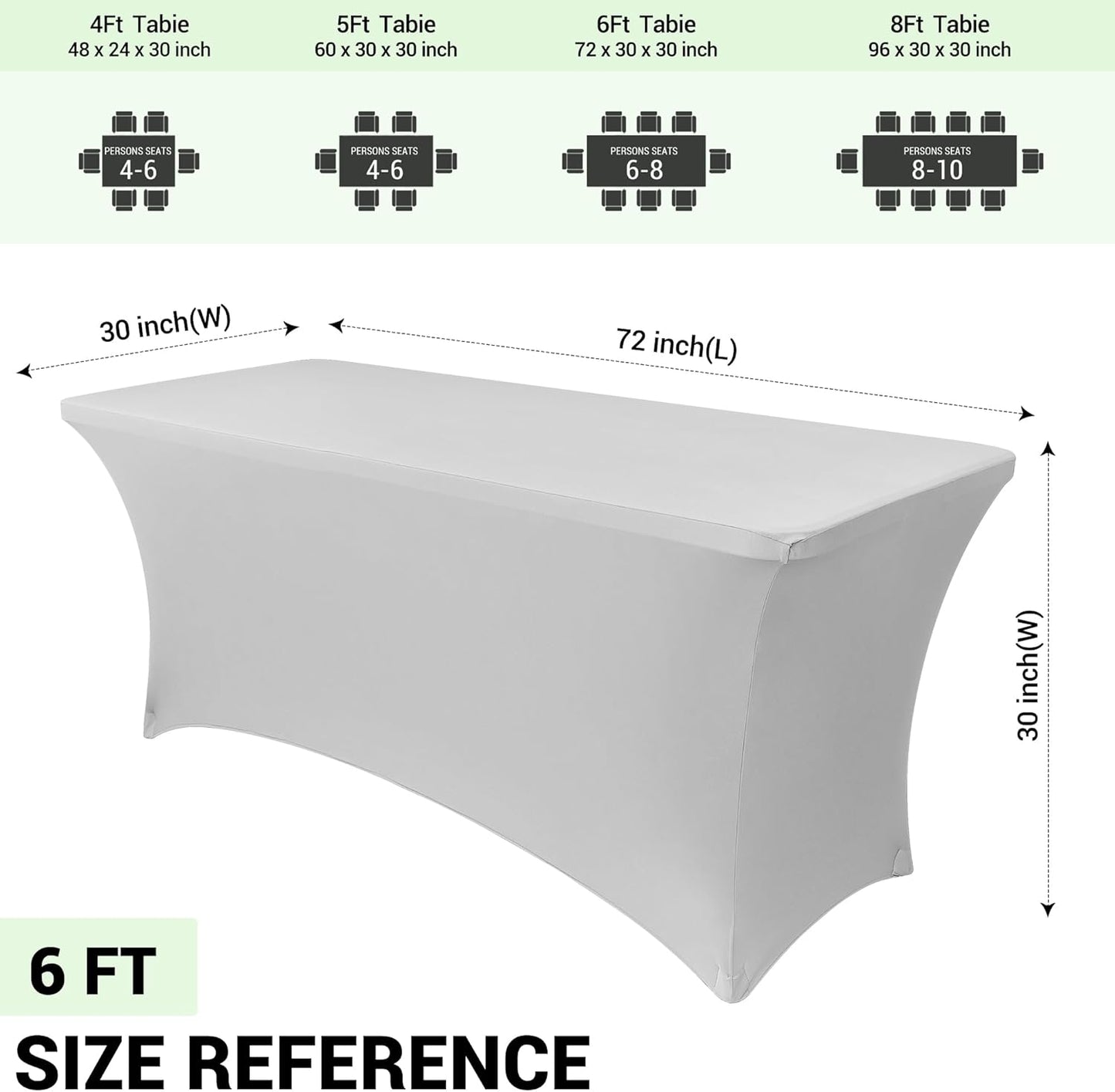 Obstal 6ft Stretch Spandex Table Cover for Standard Folding Tables - Universal Rectangular Fitted Tablecloth Protector for Wedding, Banquet and Party, 72L x 30W x 30H Inches, Silver, 2pc