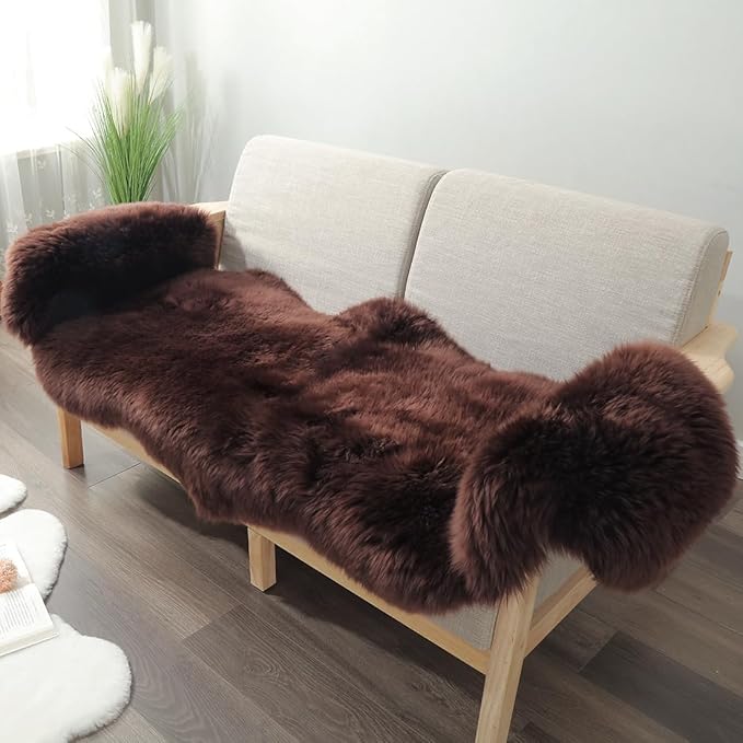 IRIWOOL Premium Genuine Fur Sheepskin Rug Real Australia Sheepskin Natural Luxury Fluffy Lambskin Fur Area Rug Seat Covers for Kids Bedroom Sofa Chair Cover (Mocha, Double Pelt/2ft x 6ft)