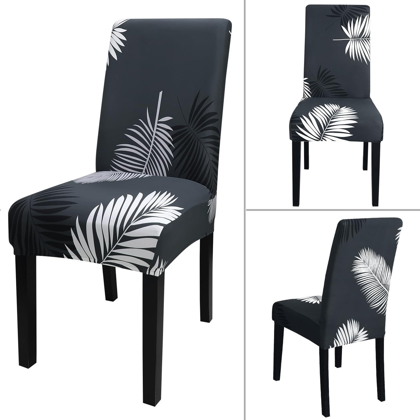 JQinHome Pattern Chair Covers for Dining Room Set of 4, High Stretch Removable Washable Parsons Chair Slipcover for Home Party Hotel Wedding Ceremony (Plume Black,4PCS)