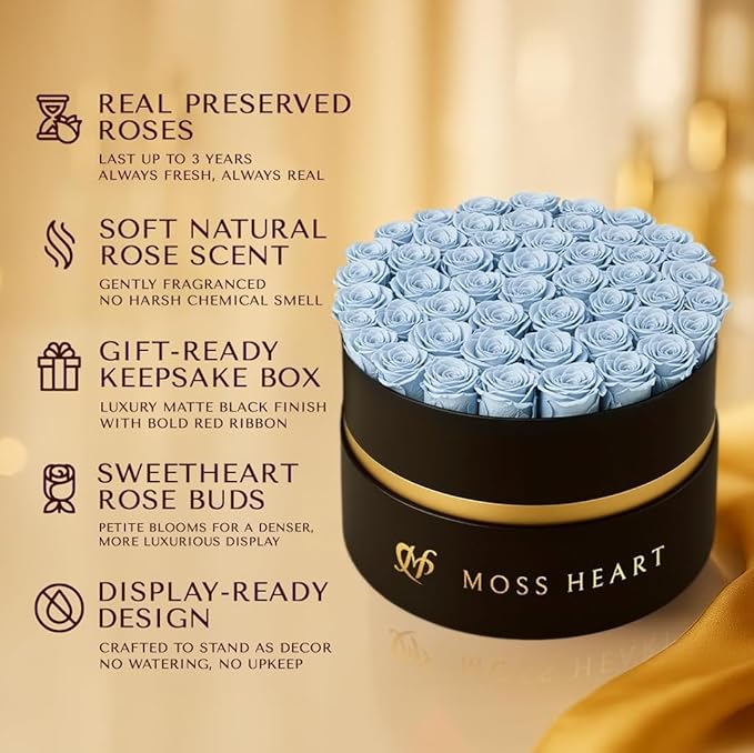 50 Petite Preserved Roses, Designer Round Box, Real Forever Roses Last 1+ Year, Premium Gift for Women, Wife, Girlfriend, Mother’s Day, Birthday, Anniversary, Valentine’s Day