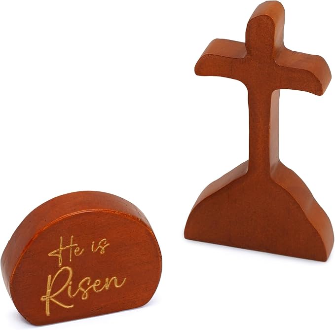 He Is Risen Easter Decor – Wooden Resurrection Scene with Empty Tomb, Cross & Figurines, Christian Religious Tabletop Decoration for Home Christian Easter Basket Stuffer