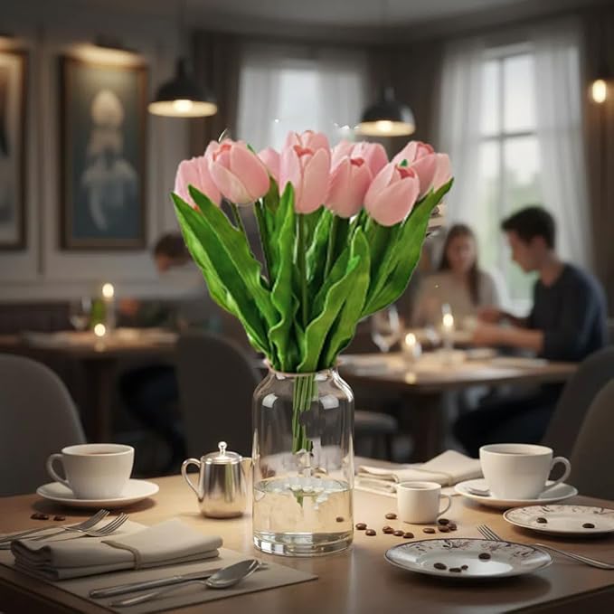 Mandy's Light Pink Artificial Tulips Flowers Centerpiece, 17.7" Lifelike PU Fake Floral Stems 6pcs for Kitchen Island & Dining Table, Spring Decor for Easter