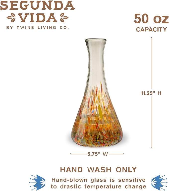 Segunda Vida Artistico Hand Blown Wine Decanter, Recycled Glass Carafe for Red and White Wine, Thick Base Pitcher, Colorful Mexican Glassware for Wedding Gifts, Home Bar Accessories, 50 oz, Set of 1