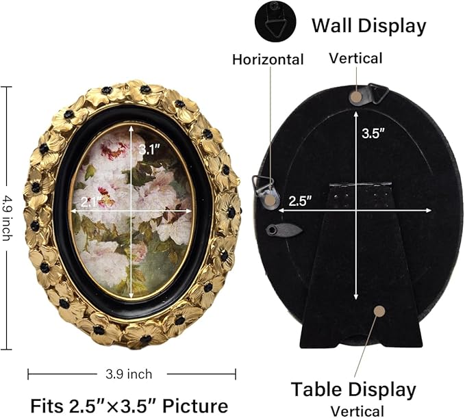 SYLVIA'S SHOP 2.5x3.5 Small Vintage Oval Picture Frame, Mini Antique Gold Ornate Photo Frame, for Tabletop and Wall Display, Decorative Floral Design Retro Home Decor, Photo Gallery Art
