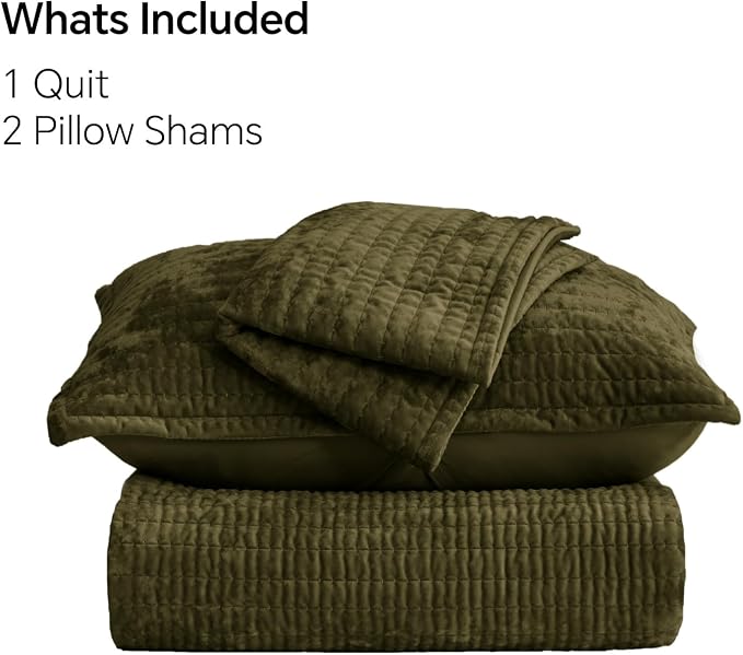 BEDELITE Velvet Quilt Set King Size - Luxury Soft Velvet Comforter Bedding Set for All Season, Lightweight Quilted Channel Stitch Oversized Bedspread Coverlet with 2 Matching Shams, Olive Green