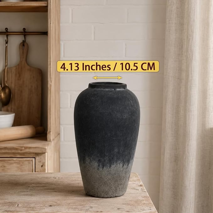 Ceramic Rustic Farmhouse Vase, 12 Inch Black Handmade Pottery Flower Vase for Home Decor, Rustic Living Room Decor, Wedding Gifts, Shelf & Table Decoration