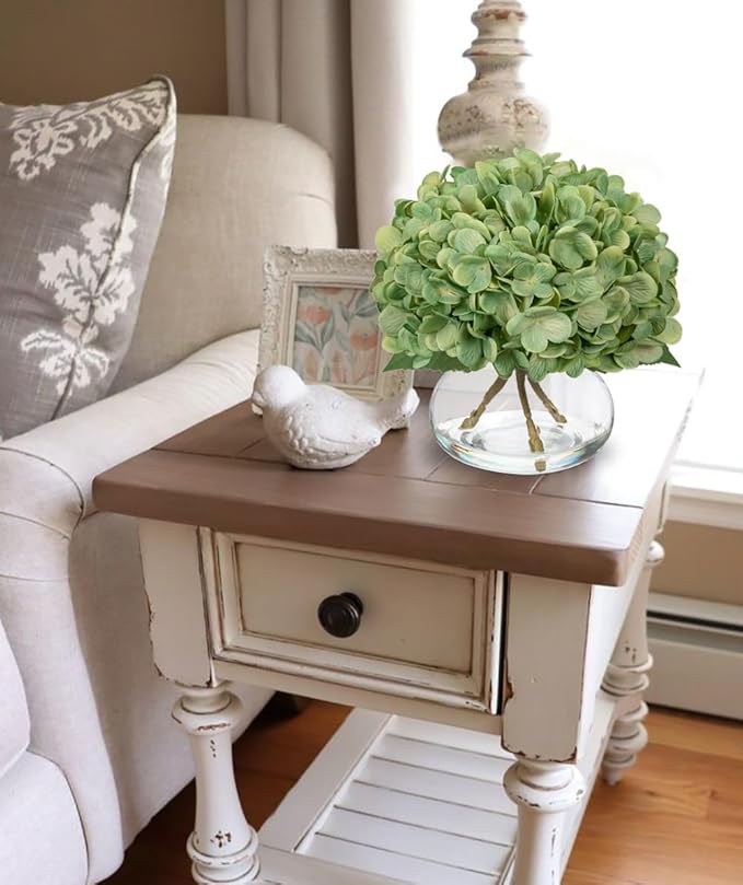 Hollyone Hydrangea Artificial Flowers with Glass Vase Dark Green Silk Faux Flowers Arrangements in Vase with Faux Water Fake Floral Bulk Bouquet for Home Decor Table Centerpiece Decorations