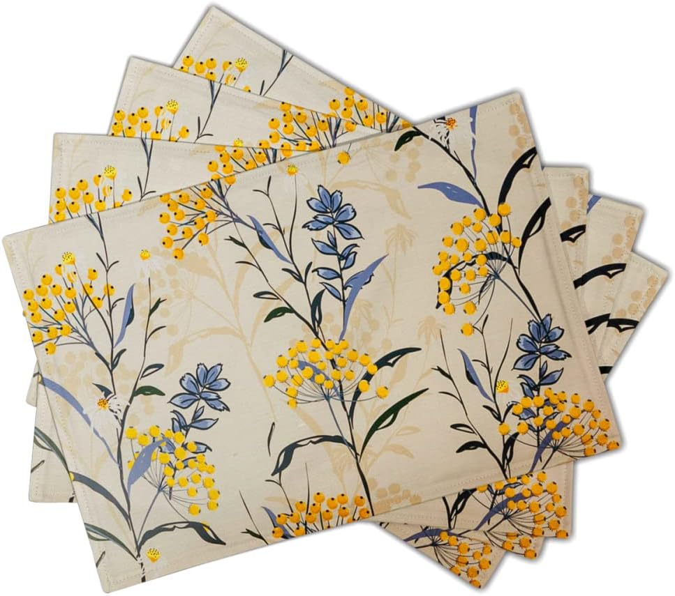 Floral Placemats Set of 4 Vintage Floral Summer Flowers Yellow Placemats for Kitchen Table Linen Placemats Washable Non-Slip Heat Resistant Place Mats for Party Kitchen Dining Decorations 18x12 Inch