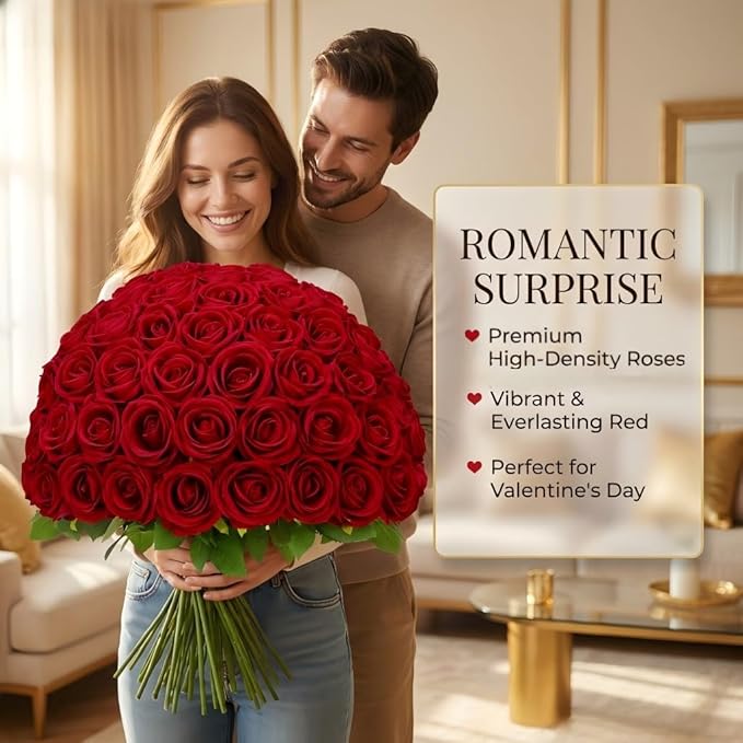 Waipfaru Red Roses Artificial Flowers Bulk, Real Touch Velvet Roses with Wrapping Paper, 50 Pcs Fake Flowers for Wedding Centerpieces Bridal Bouquet Valentines Mothers Day Decor