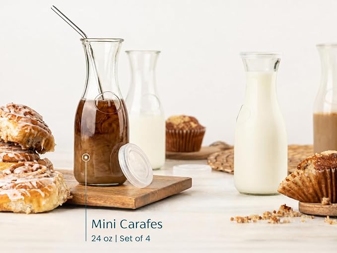 Kook Mini Glass Carafes with Lids, Small Beverage Pitchers for Fridge, Jugs for Water, Wine, Milk, Juice, 24 oz, Set of 4