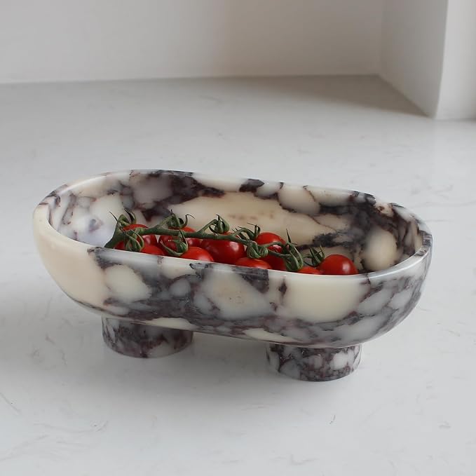 Nawgnail Natural Oval Calacatta Viola Marble Fruit Bowl for Kitchen Counter 10", Large Decorative Bowl Two-Legs for Home Decor, Fruits Holder For Dining Table - Kitchen Organization