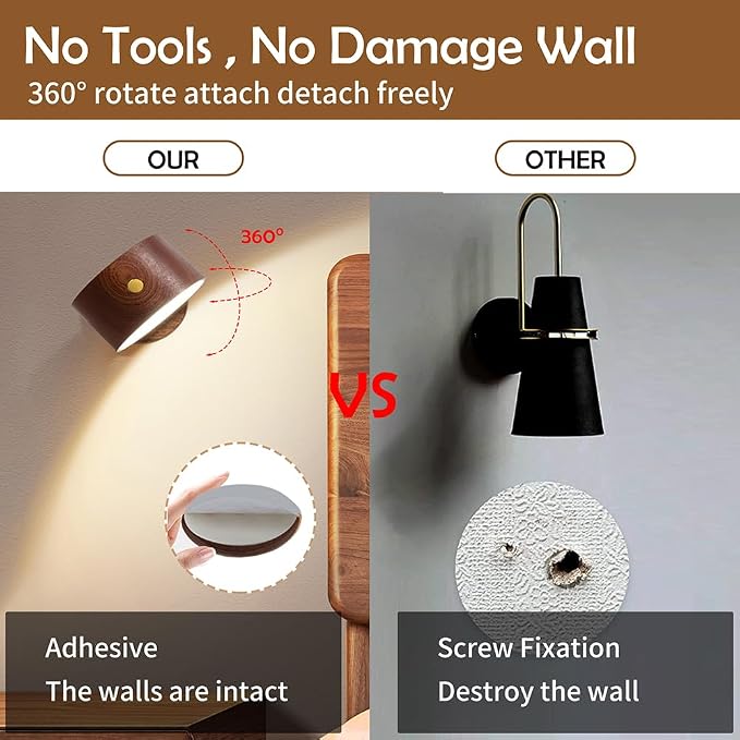 LANDGOO Wood Wall Sconce, Sapele Wood Magnetic 360° Rotatable Cordless Bedside Lamp Set, Rechargeable & Dimmable LED Lights with Touch Control, Wireless Wall Mount for Bedroom