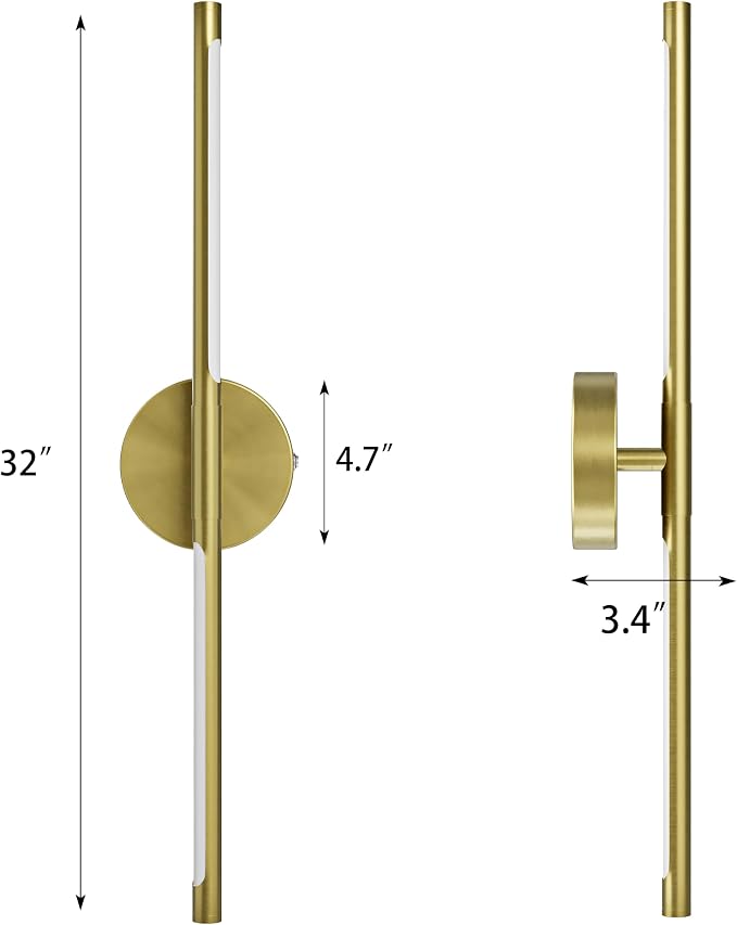 32 Inch Battery Operated Wall Sconce Set of 2, 8000mAh Wireless Rechargeable Wall Lights with Remote, 350° Rotate Dimmable 3000K-6000K LED Wall Lamps with Timer for Living Room, Bedroom, Gold