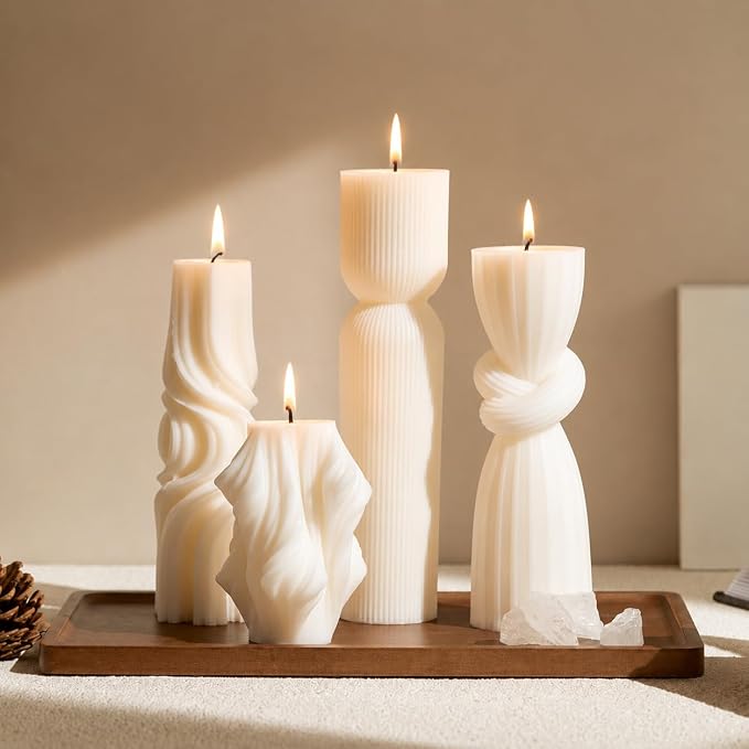 4-Pack Pillar Candles - Soy Wax Handmade Ribbed Candles for Home Decor, Housewarming Gift, Shelf & Table Decor - Aesthetic Modern Candles Set (Pearl White)