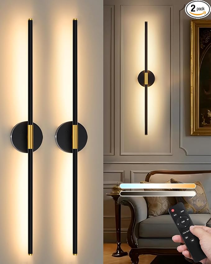 24 Inch Battery Operated Wall Sconce Set of 2, Dimmable Battery Sconces with Remote Control, 8000 mAh Rechargeable Sconces, 350° Rotate Modern LED Lights for Bedroom, Living Room, Black Gold