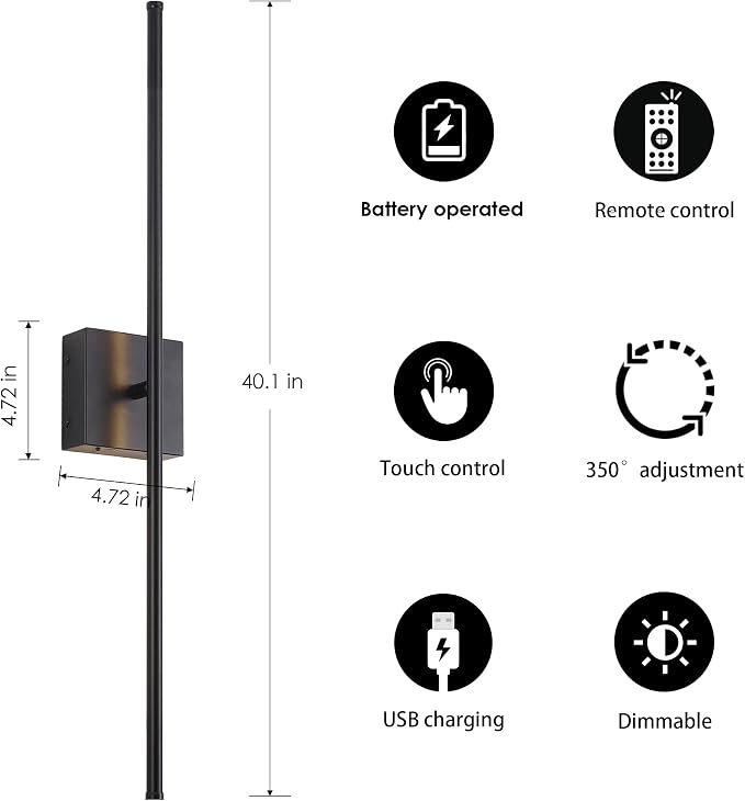 KARTOOSH 40.1 Inch Wall Sconces Battery Operated for Living Room Black | Rechargeable Wireless Wall Lamp Set of 2, 3000K Warm White Dimmable Wall Light Remote Control Indoor Lighting for Bedroom