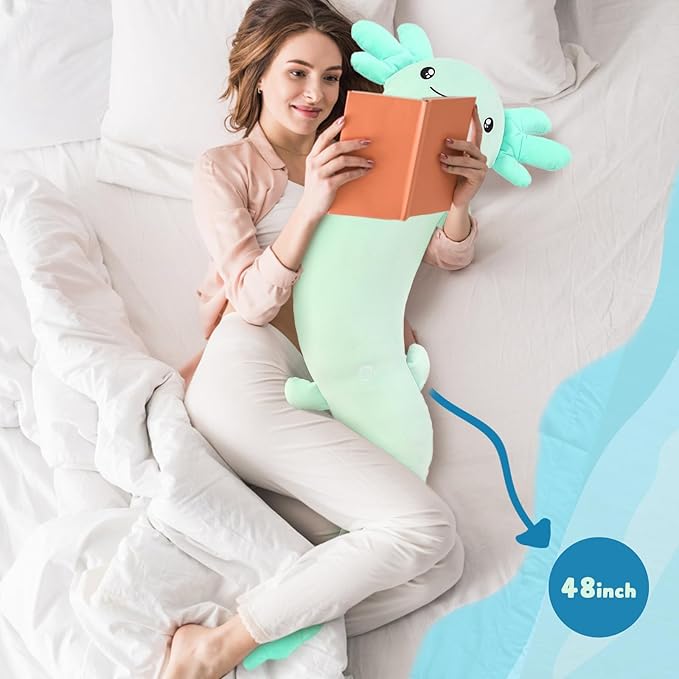 Tezituor Green Axolotl Plush Pillow Axolotl Stuffy 48'', 4ft Glow-in-Dark Stuffed Animal Plush Salamander Body Pillow for Axolotl-Lover 6-12 Girls Gifts Valentine's Day Christmas