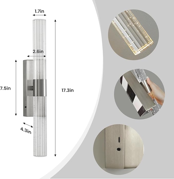 Battery Operated Wall Sconces Set of Two - Rechargeable Wireless Nickel Sconces with 12000mAh Remote Control Modern Crystal Wall Lights Cordless Wall Lamps for Bedroom Living Room Bathroom