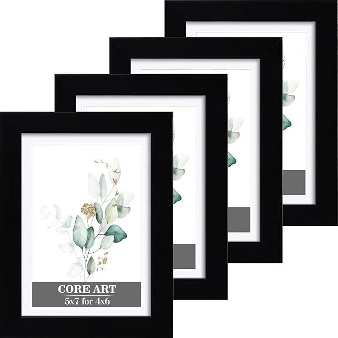 CORE ART 5x7 Black Picture Frame Set of 4,Display Pictures 4x6 with Mat or 5 x 7 without Mat,Multi Photo Frames Collage for Wall or Tabletop Display