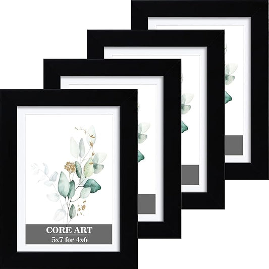 CORE ART 5x7 Black Picture Frame Set of 4,Display Pictures 4x6 with Mat or 5 x 7 without Mat,Multi Photo Frames Collage for Wall or Tabletop Display