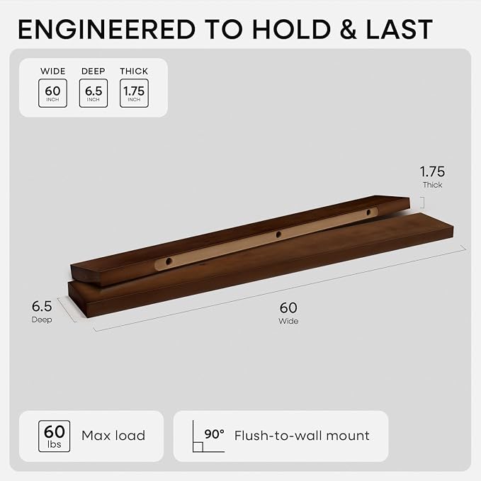 Homeforia Walnut 60 inch Floating Shelf, High End Solid Real Wood 60inch Long Floating Shelf for Wall, Dark Brown Wooden 60in Large Floating Shelves, Heavy Duty Bracket, 60 X 6.5 X 1.75 inch, Set of 3