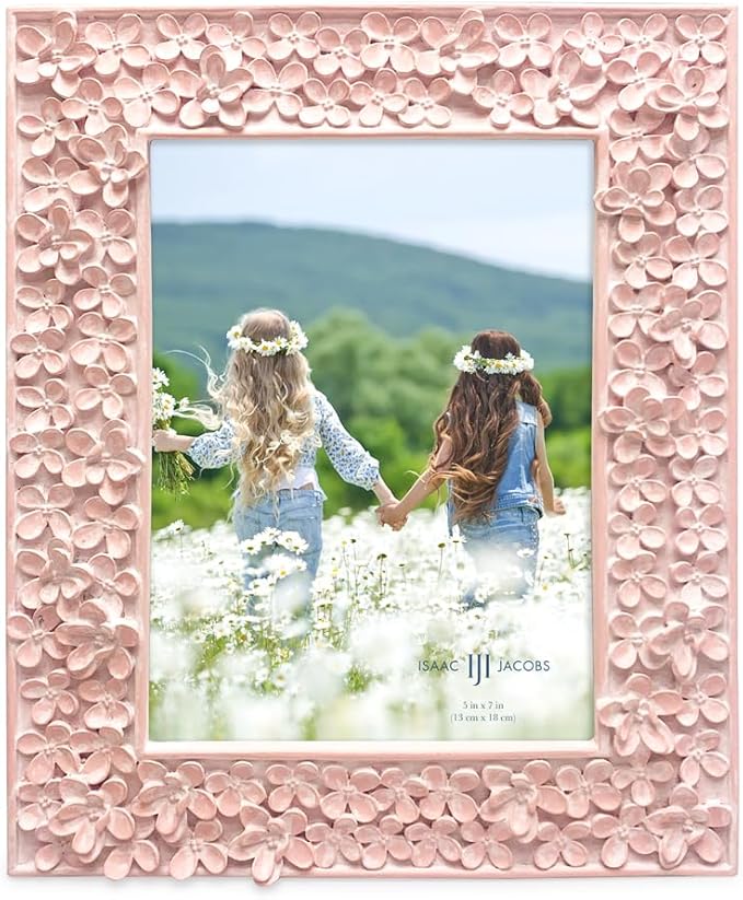 Isaac Jacobs 5x7 Pink Flower Textured Hand-Crafted Resin Picture Frame w/Easel & Hook for Tabletop & Wall Display, Decorative Floral Design Home Décor, Photo Gallery, Art (5x7, Pink)