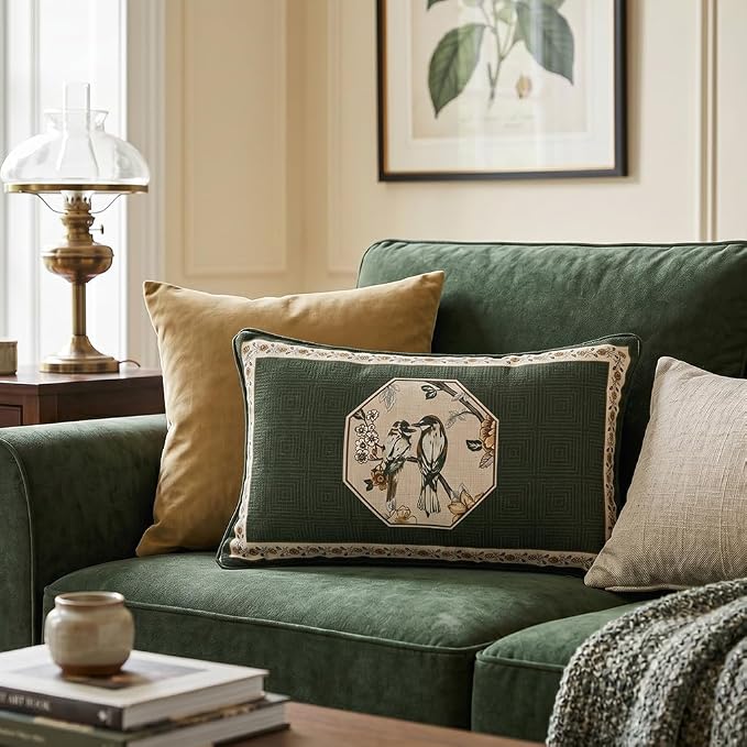 ISAENNE Vintage Linen Rectangle Throw Pillow Cover,Set of 2,20"x12"-Murad E | Designer French Green Pillow Cover,Concealed Zipper Design,Floral and Bird Pattern,Sofa,Bedroom,Living Room,Lounge Chairs