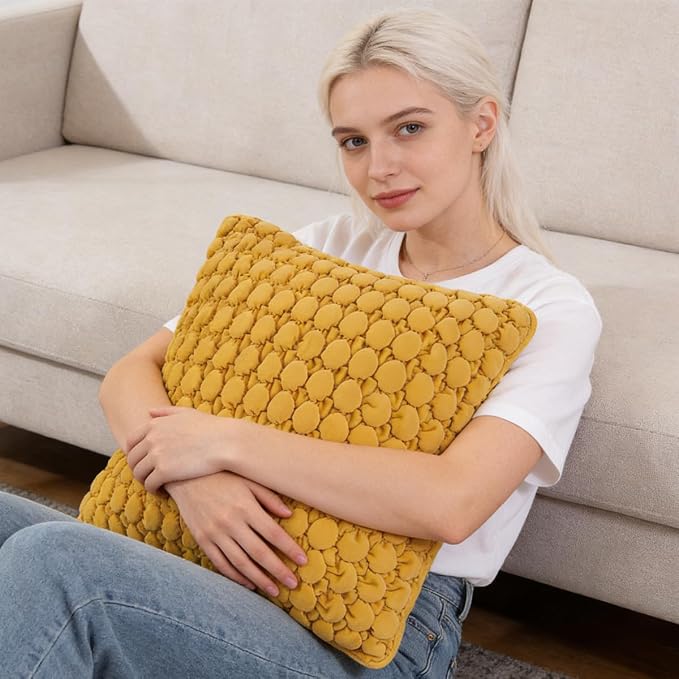 Pillow Cover 24x24 1 Piece Velvet Euro Sham Decorative Farmhouse Pillowcase Boho Square Cushion Covers Soft Bubble Texture for Couch Sofa Bed Bedroom Car Living Room，Yellow