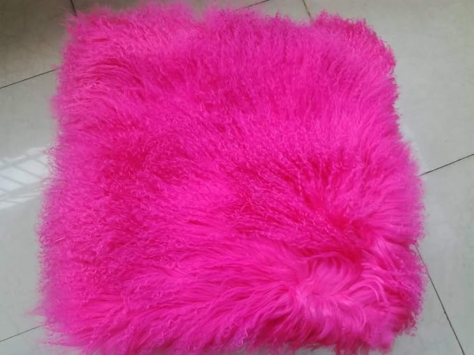 16 x 16in 100% Real Mongolian Lamb Fur Throw Pillow Cover Fur Decorative Cushion Cover Pillow Case for Living Room Bedroom,Rose Red