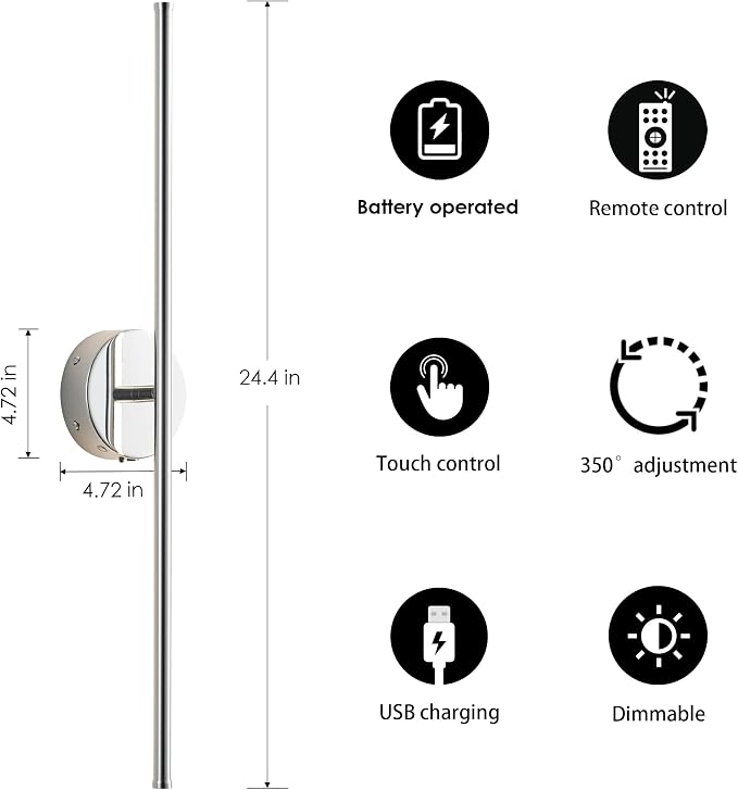 KARTOOSH Battery Operated Wall Sconces with Remote Control, Dimmable Wall Sconces Set of Two, 350°Rotate, 3000K LED Chrome Wireless Wall Light for Living Room, Bedroom,Hallway, 24.4 Inch (2 Pack)