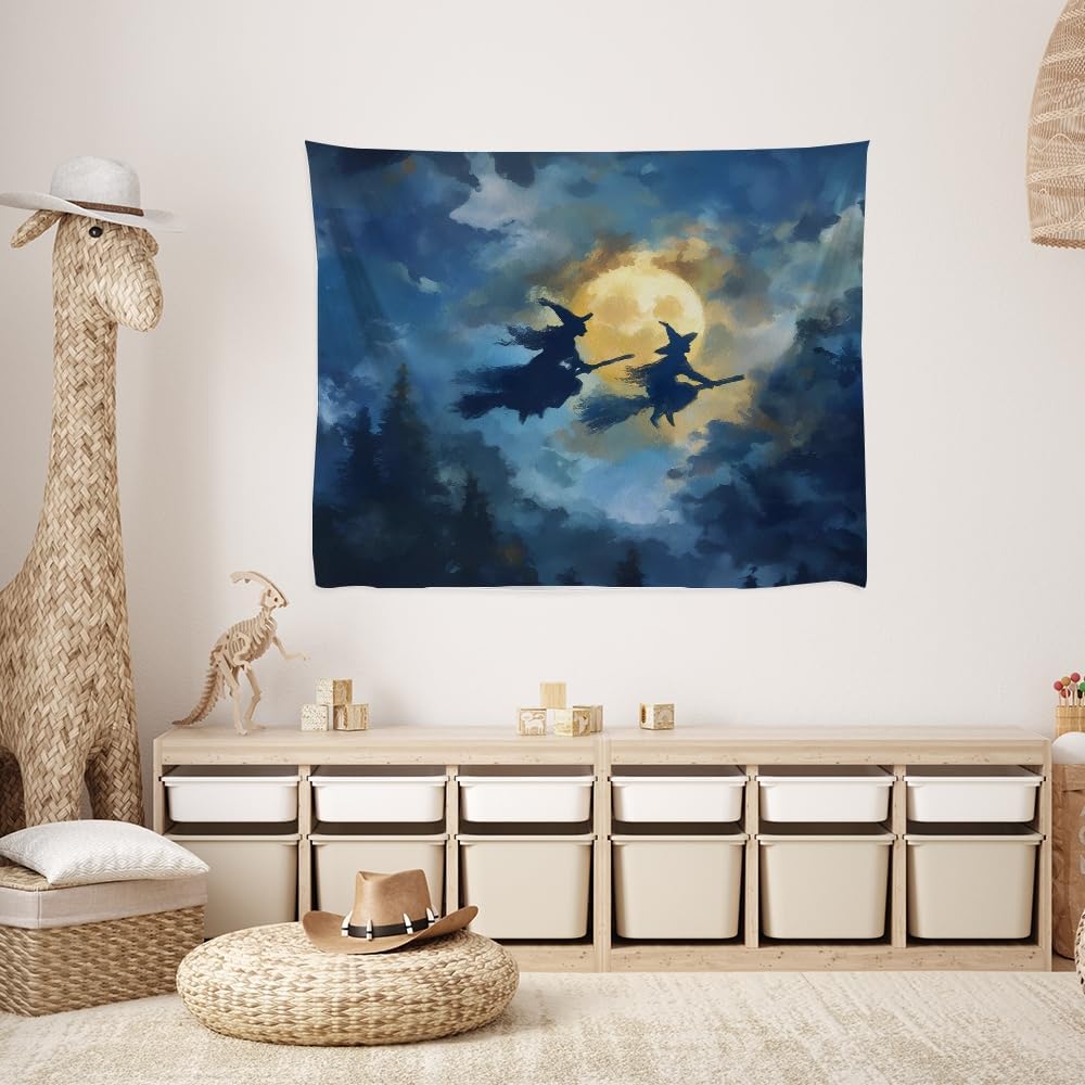 Spooky Halloween Witch Tapestry Wall Hanging Dark Fantasy Night Sky Aesthetic Print Flying Witches Under Full Moon Tapestries Horror Ghost Halloween Party Decor for Living Room Bedroom 60x80inch