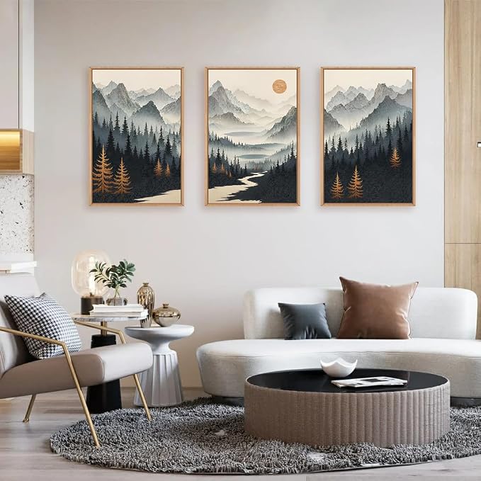 Watercolor Misty Forest Framed Canvas Wall Art Set, Foggy Mountain Wall Decor, Misty Pine Tree Wall Painting, Large Nature Landscape Art Prints for Living Room, Bedroom, Office - 24"X36"X3
