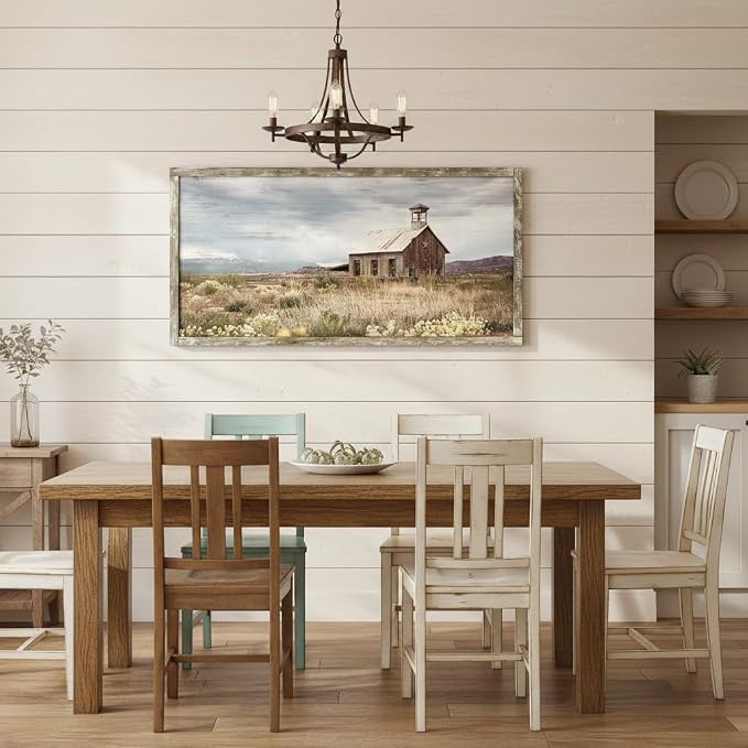 Farmhouse Wood Wall Art Picture: Framed Old Barn Print Decor Large Rustic Farm Landscape Country Artwork Panoramic Horizontal Nature Scene Rural Countryside Painting for Living Room Bedroom