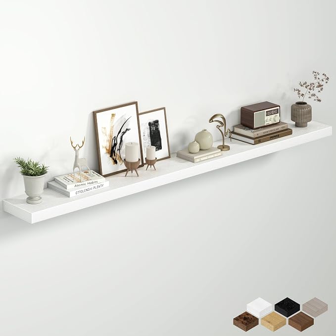 Fun Memories 67 Inch Floating Shelves for Wall, 8 Inch Deep Wall Mounted Wood Shelves with Invisible Brackets for Bathroom, Bedroom & Kitchen Storage Decor, White, 1 Pack