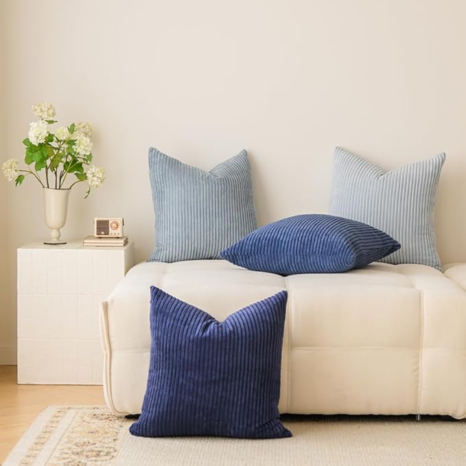 LANANAS Neutral Couch Throw Pillow Covers 20x20 Inch Set of 4 Decorative Farmhouse Boho Throw Pillows for Living Room, Couch, Bed, Sofa Soft Corduroy Accent Home Decor (Blue Ocean, 20x20 Inch)